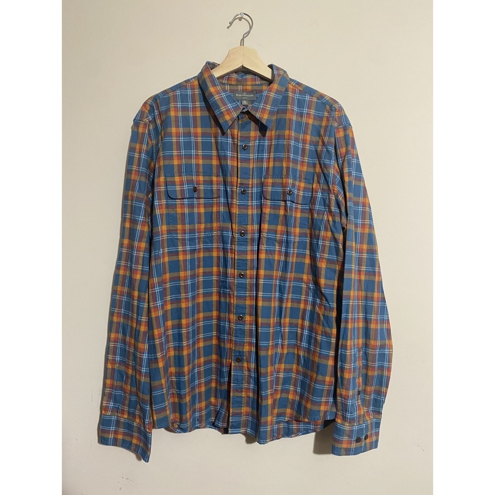 LL Bean Signature Shirt Mens XL  Blue Orange Plaid Flannel Cotton Slim Fit